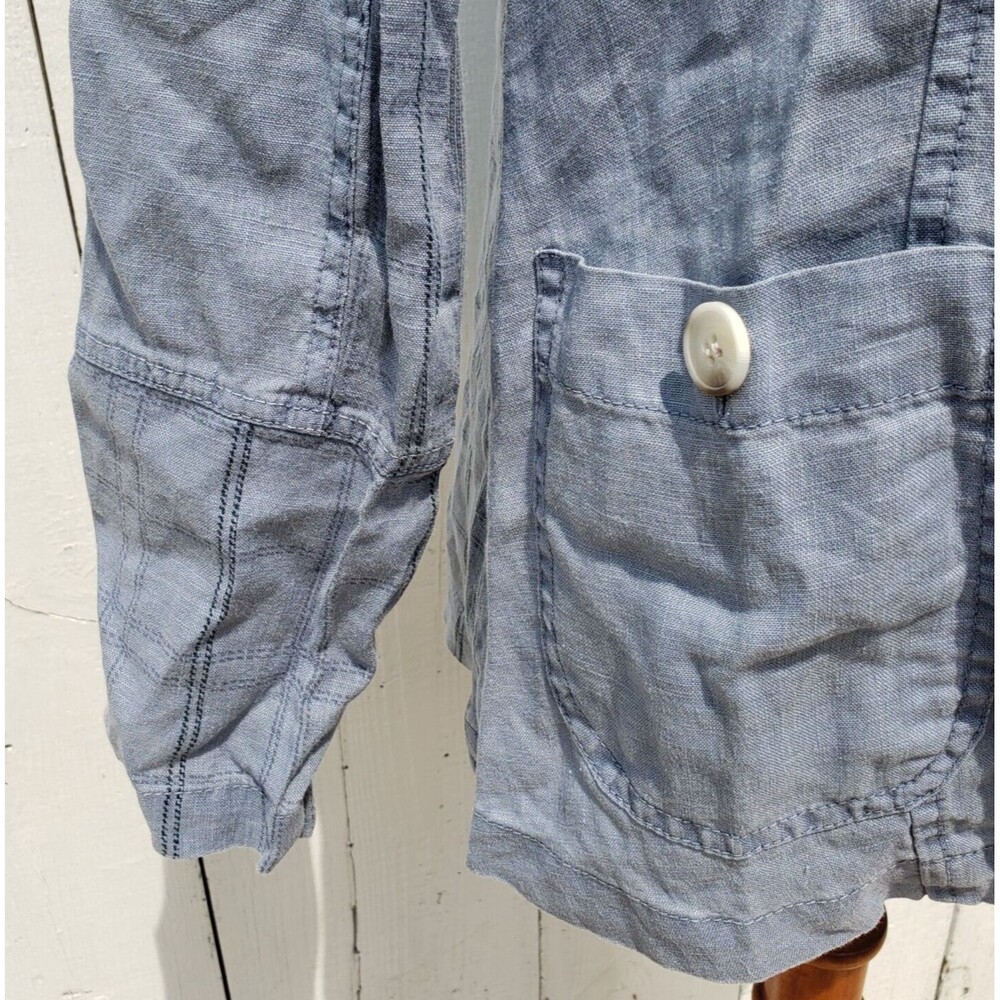 XCVI Women Blue Plaid Back Collared Long Sleeve LINEN Two Button Top Shirt Sz M - Picture 2 of 6